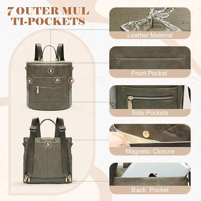 miss fong Diaper Bag Backpack Baby Diaper Bag, Large Leather Diaper Backpack with 16 Pockets Travel Diaper Bag with Diaper Changing Pad, Stroller Straps & 2 Insulated Pockets (Convertible, Forest)