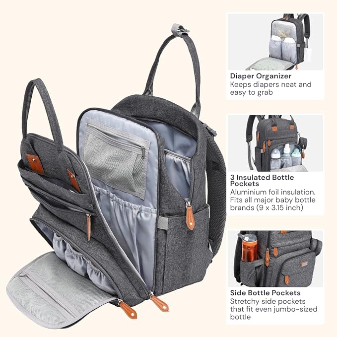 BabbleRoo Diaper Bag Backpack - Baby Essentials Travel Tote - Multi Function Water Resistant Diaper Bag, Travel Essentials Baby Bag with Changing Pad, Stroller Straps & Pacifier Case - Dark Gray