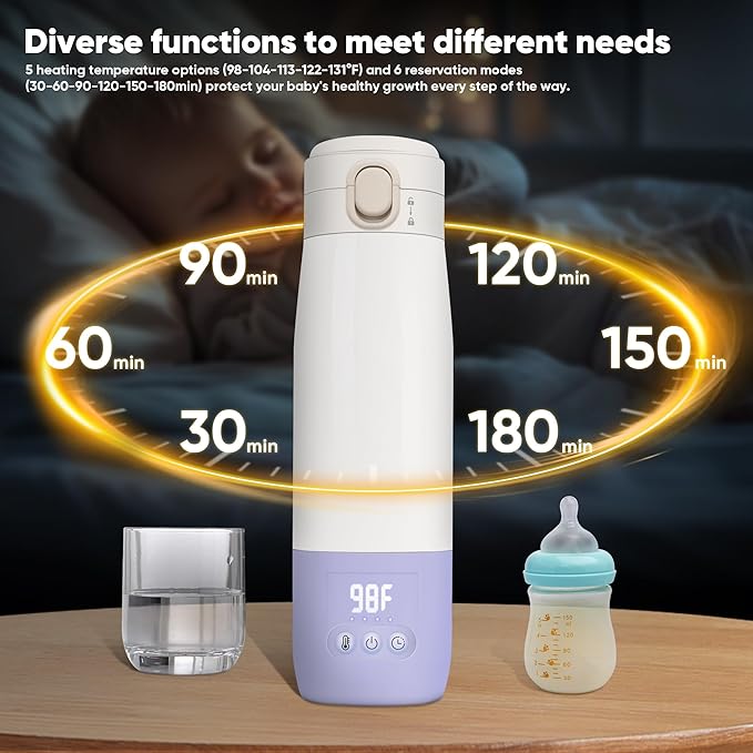 Portable Bottle Warmer for Travel, Bottle Warmer On The Go with Quick Heating, Preset Modes and Precise Temperature Control, Water & Milk Warmer with Long Battery Life, Purple