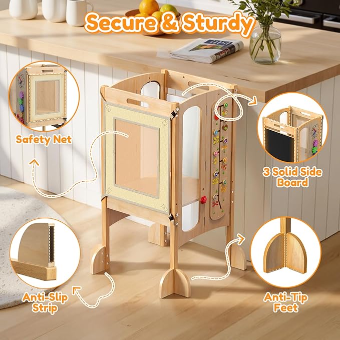 FlyingBoom Toddler Standing Tower, Foldable Kitchen Stool Helper with 2 Step Stool, Toddler Tower for Kids with Safety Net, Adjustable Height, Chalk-Whiteboard &Montessori Activity Games