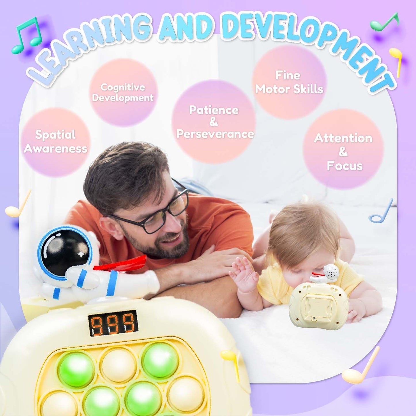 Marlo & Buzz Fast Push Game Toy with Popit Game Controller, Pop Fidget Animal with LED Screen - Sensory and Memory Console, Quick Bubble Light Toy, Pocket Games (White Spaceman)