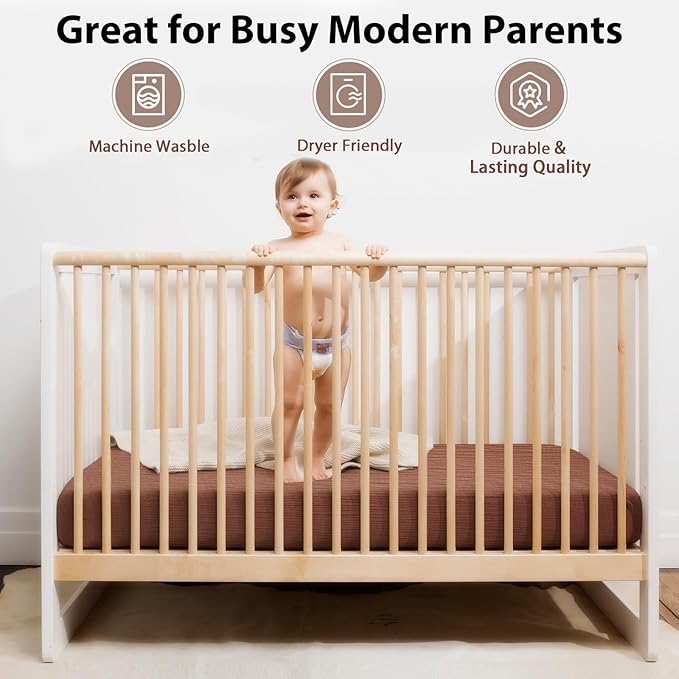 2 Pack Soft Muslin Baby Crib Sheets, 100% Cotton Breathable Double Layer Fitted Sheets for Standard Crib and Toddler Bed Mattresses 28x52 Inches, for Baby Girls and Boys (White & Brick