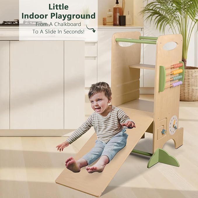 Wooden Toddler Tower Adjustable Height Step Stool, Toddler Kitchen Stool Helper with 8 Fun Learning Activities (Chalkboard, Slide, Bead Maze, Xylophone)