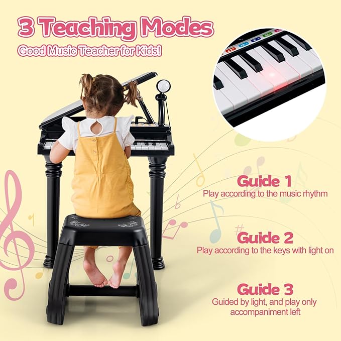 HONEY JOY Classical Kids Piano, 31-Key Toy Mini Grand Piano with Music Stand & Stool, Portable Electronic Piano Educational Musical Instrument Toy w/ Microphone, Lights, Gift for Kids (Black, 31 Keys)