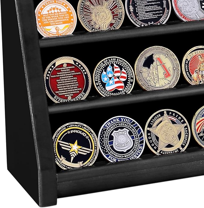4 Rows Wooden Military Challenge Coin Display Case Wall Mount - Army Coin Collectibles Holder Display Stand Rack, Black