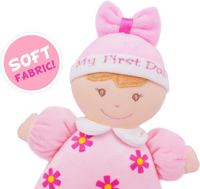 June Garden 9" My First Doll Sienna - Soft Plush Baby Doll with Rattle - Pink Outfit