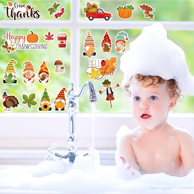 Ferraycle 21 Pcs Thanksgiving Fall Window Gel Clings Autumn Window Gel Clings Turkey Pumpkin Gnome Scarecrow Maple Leaves Decor Stickers Decals for Classroom Harvest Party Decor