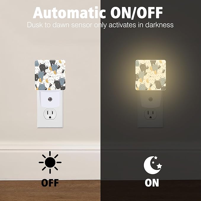 Cat Night Light Cartoon Cat Plug in Night Lights LED Lamp with Dusk to Dawn Sensor Auto Energy Saving Square Lights for Bedroom Bathroom Hallway Home Wall Decor Nightlight