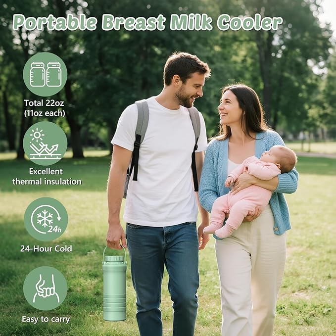 22oz Portable Breastmilk Cooler Bottle, Stainless Steel Breast Milk Chiller, 360° Total Cooling for 24 Hours, Stainless Steel Cooler with 2pcs Baby Bottles for Breastmilk Storage