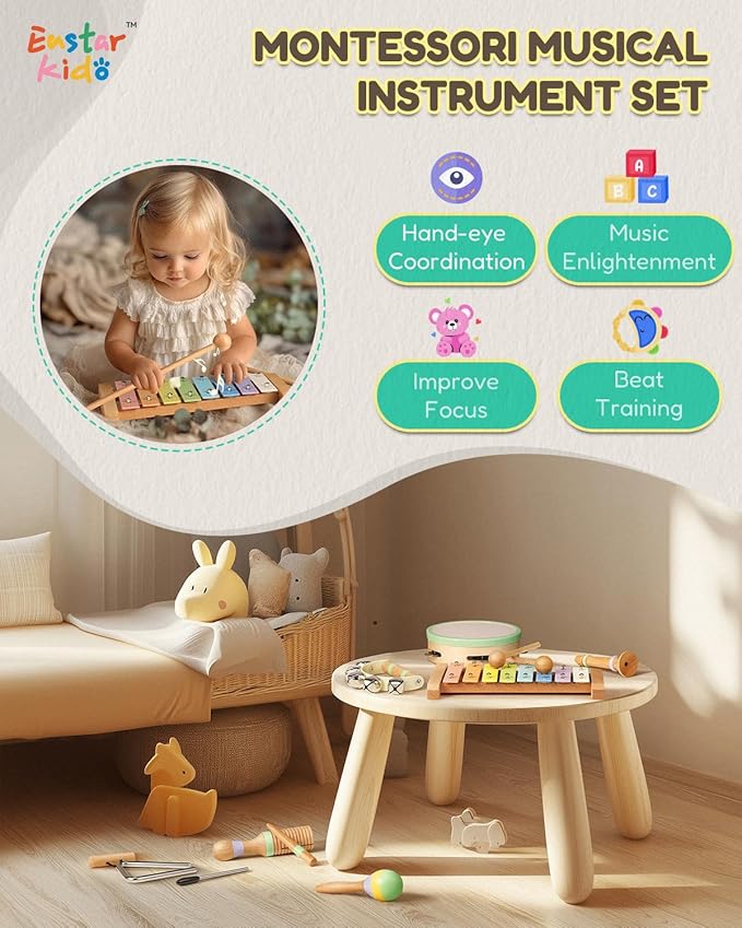 Montessori Musical Instruments for Toddlers, Wooden Musical Toys for Kids 3+, Eastar Kido Percussion Instruments Set for Boys Girls, Preschool Educational Toys with Storage Bag Christmas Birthday KW-1