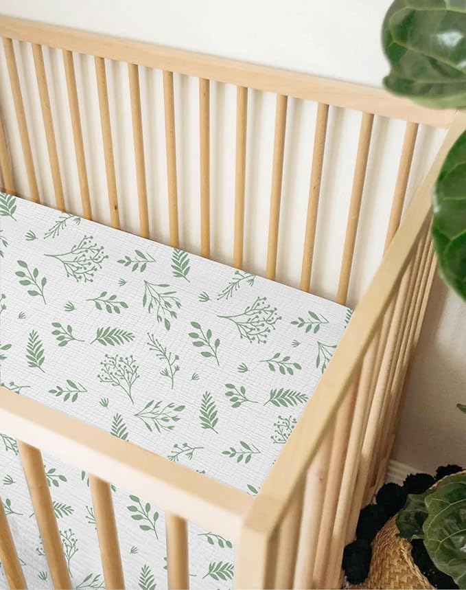 Crib Sheets for Baby Boy Girl 2 Pack, Fitted Crib Mattress Sheet 28" x 52", Muslin Toddler Bedding with Neutral Style, Nursery Bedding Essentials (Fern Leaf & Sage)