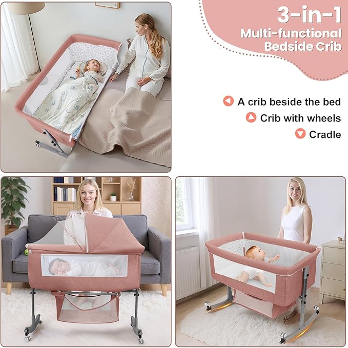 3-in-1 Baby Bassinet Bedside Sleeper for Newborns & Infants - 6-Level Height Adjustable, Portable Convertible Bassinet/Cradle with Mosquito Net, Storage Basket & Wheels,Easy Assemble (Pink)