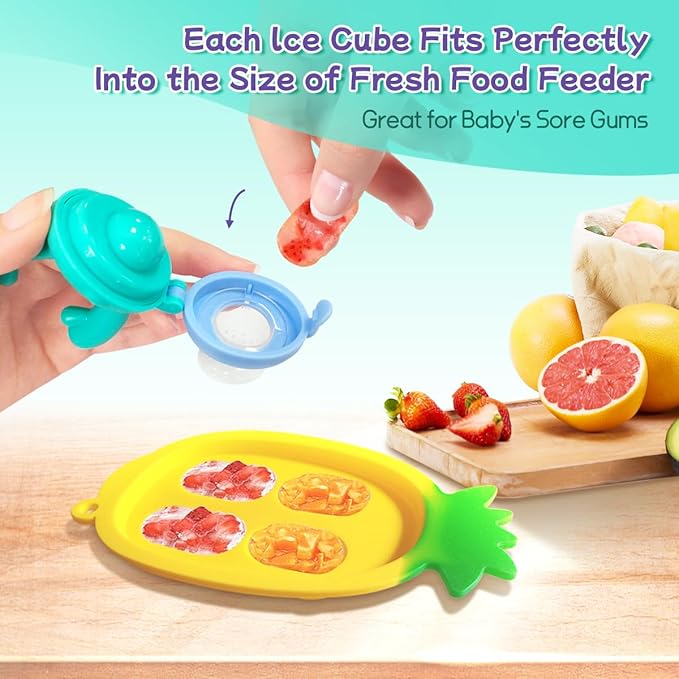 Baby Fruit Food Feeder - Silicone Nibble Tray Combo - Breastmilk Popsicle Mold for Cooling Relief, BPA Free Mesh Feeder for Infant Self Feeding (Antler Blue + Pineapple)