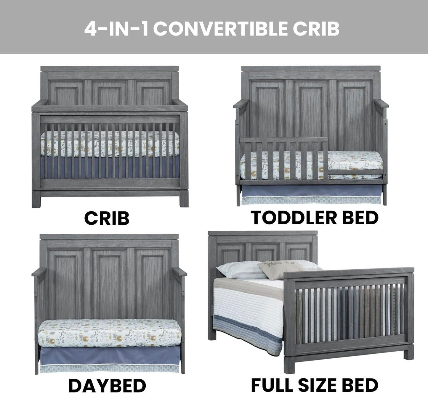 Soho Baby Manchester Premium 4-in-1 Convertible Crib, Flat-Top Headboard, Rustic Gray, GreenGuard Gold Certified