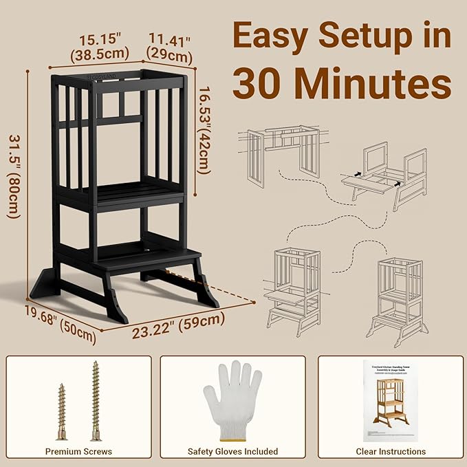 COSYLAND Kitchen Tower for Toddlers with Anti-Tip Support – Lightweight Toddler Kitchen Stool Helper for Bathroom Living Room Dining Room – Solid Bamboo Standing Tower (Black)