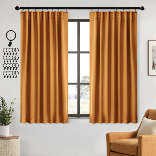 ANRODUO Back Tab Blackout Curtains for Bedroom Living Room, Rod Pocket Pinch Pleated Thermal Insulated Room Darkening Curtains 54 Inches Long 2 Panels, Mustard Yellow, 42 x 54 Inch