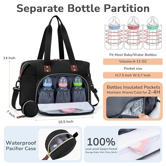 Diaper Bag Tote, Baby Bag Travel Diaper Tote Bag with Pacifier Case, Cute Maternity Hospital Baby Stylish Diaper Tote for Mom Dad Black