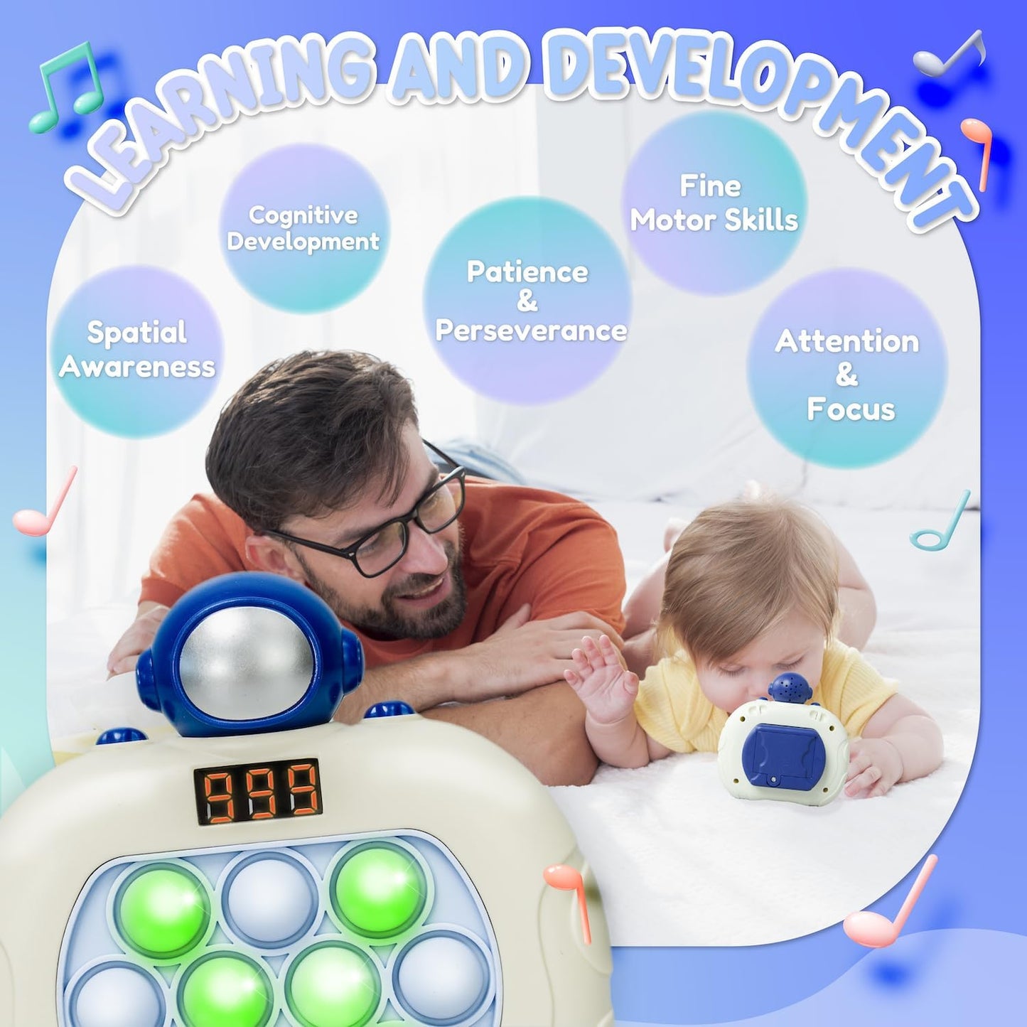 Marlo & Buzz Fast Push Game Toy with Popit Game Controller, Pop Fidget Animal with LED Screen - Sensory and Memory Console, Quick Bubble Light Toy, Pocket Games (Astronaut)