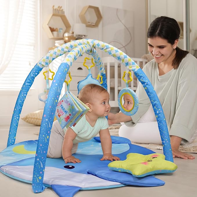 Dr.Rapeti 31x31inch Baby Play Mat, Activity Baby Play Gym with Arch, Playmats & Floor Gyms, Detachable Mirror and Squeaky Soft Set, Thick Non-Toxic Playmats
