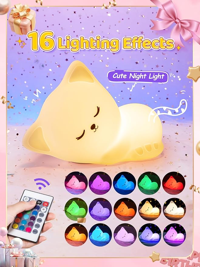Mubarek 【Remote + Gifts Package】 Cat Night Light for Kids,16 Colors Dimmable Teen Girl Gifts Trendy Stuff, TAP for Fun Cute Stuff for Teen Girls,Cute Room Decor for Girl