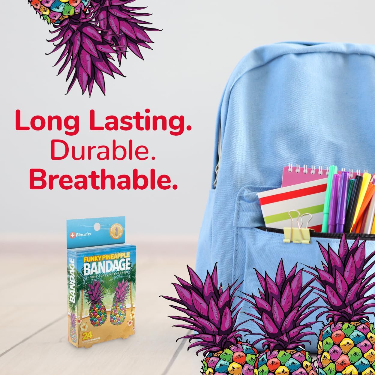 BioSwiss Bandages, Funky Pineapple Shaped Self Adhesive Bandage, Latex Free Sterile Wound Care, Fun First Aid Kit Supplies for Kids, 24 Count