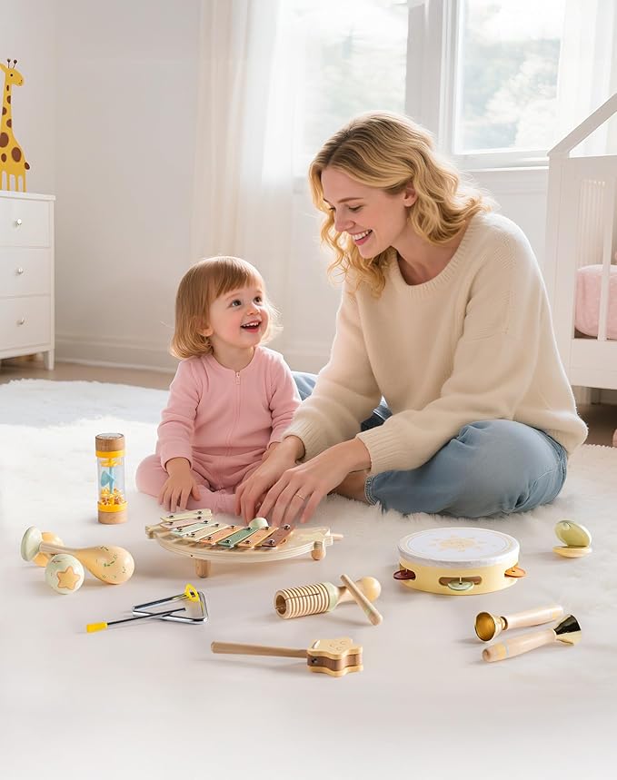 ROBOTIME Baby Musical Instruments Set, 11 PCS Wooden Toddler Musical Toys with Xylophone Percussion Instruments, Montessori Musical Toys for Preschool Kids Girls Boys