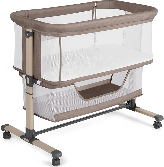 Cowiewie Bassinet Bedside Sleeper, Portable, Breathable, Adjustable Baby Bedside Bassinet for Peaceful Nights, Khaki