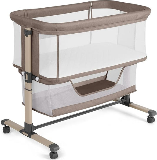 Cowiewie Bassinet Bedside Sleeper, Portable, Breathable, Adjustable Baby Bedside Bassinet for Peaceful Nights, Khaki