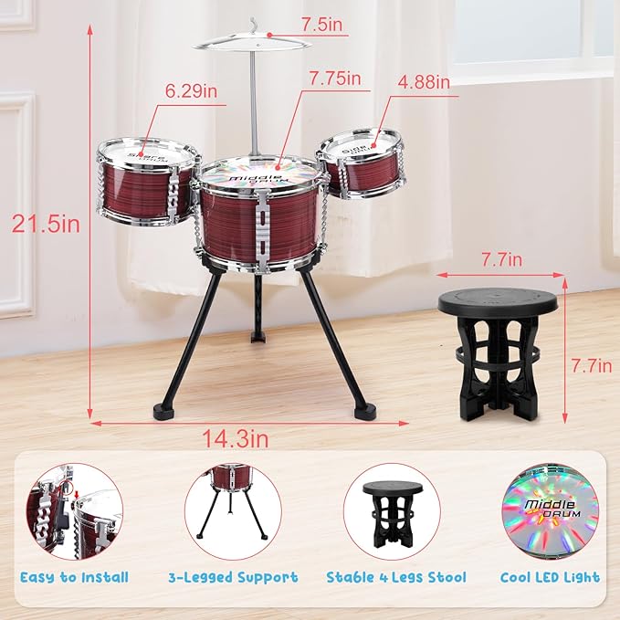 Upgraded Toddler Drum Set with Lights Kids Jazz Drum Kit, Musical Instrument Toys for Toddler 1-3 3-5 Boys Girls Christmas Birthday Gift
