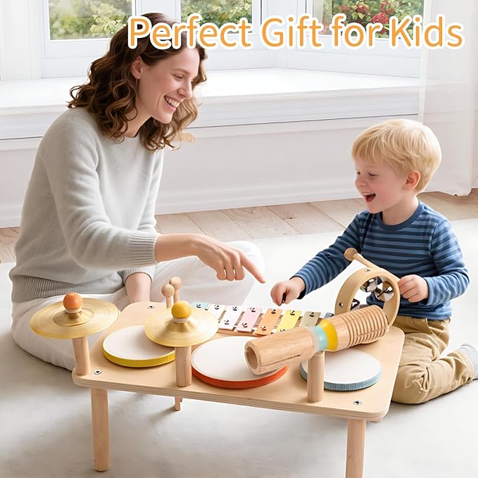 WINGYZ Drum Set for 1 Year Old Toddlers – 10 in 1 Wooden Baby Musical Toys for Kids with Drums, Xylophone, Cymbals, Bell & Tone Block, Montessori Music Instruments Gift for Ages 1-3 2-5