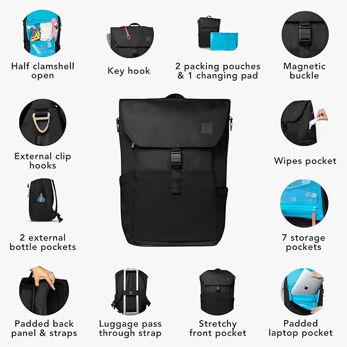 Huhu Diaper Bag Backpack – Baby Bag for Moms & Dads – Water-Resistant, Unisex Travel Kit for New Parents – Includes Changing Pad and 2 Organizer Pouches (Midnight Black)