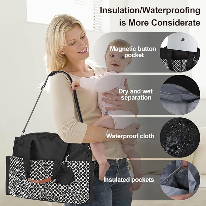 Diaper Bag Tote, Large Capacity Travel Diaper Baby Bags Crossbody Hospital Mom Bag，with Silicone Pacifier Case