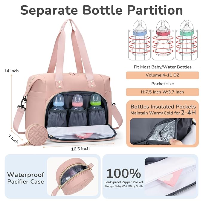Diaper Bag Tote, Baby Bag Travel Diaper Tote Bag with Pacifier Case, Cute Maternity Hospital Baby Stylish Diaper Tote for Mom Dad Pink