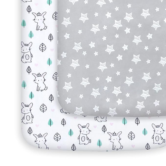 Pack and Play Sheets, 2 Pack Mini Crib Sheets, Stretchy Playard Fitted Sheet, Compatible with Graco Pack n Play, Soft and Breathable Material, Stars & Bunny