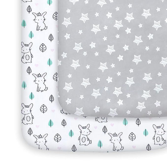 Pack and Play Sheets, 2 Pack Mini Crib Sheets, Stretchy Playard Fitted Sheet, Compatible with Graco Pack n Play, Soft and Breathable Material, Stars & Bunny