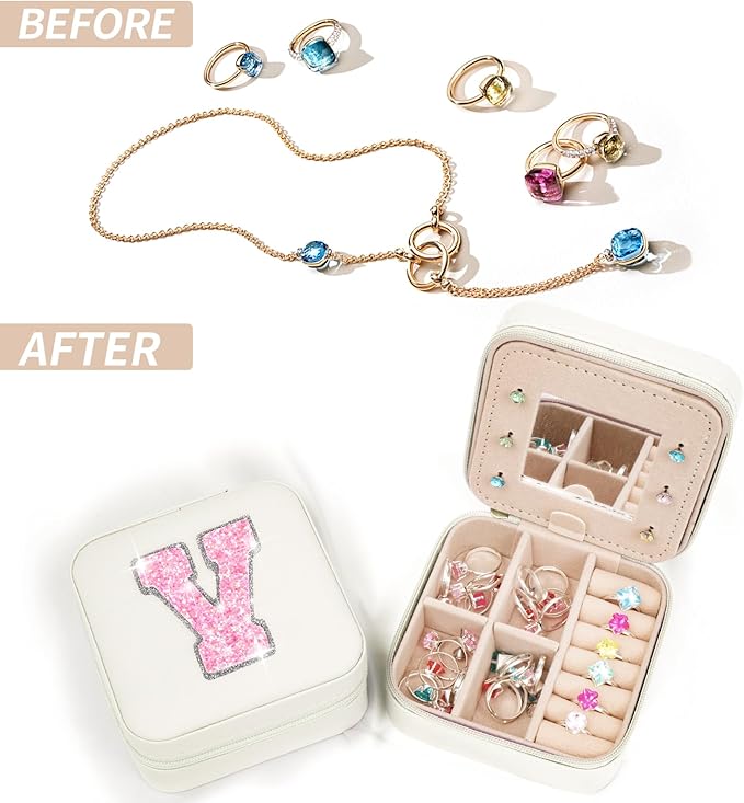 Personalized Jewelry Case for Women Girls - Fashion Mini Jewelry Boxes - Trendy Travel Jewelry Organizer with Initials Letter - Teen Gifts | Cream,V