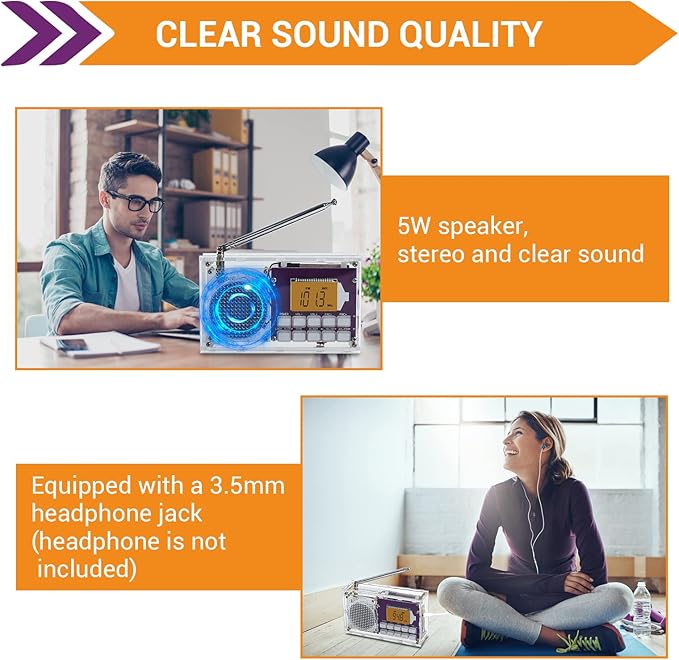 ICSTATION DIY Radio Kit - FM Assemble Kit with Time Display, Rechargeable, 87-108MHZ, No Soldering Required, Assembly Project for Adults & Students, STEM Education