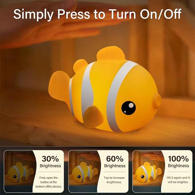 Cute Clownfish Night Light - Silicone Pat Pat Lamp with 3-Level Brightness Adjustment, Timer Function, Rechargeable Touch Control Nursery Nightlight for Baby Bedroom Decor