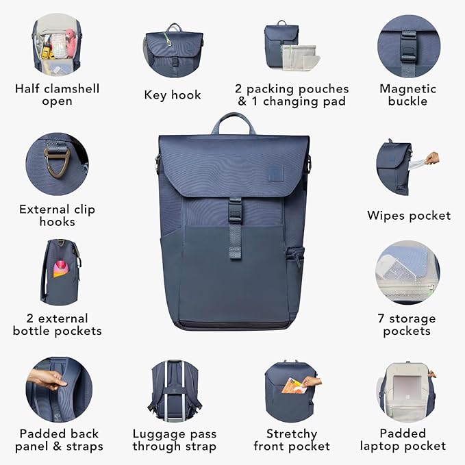 Huhu Diaper Bag Backpack – Baby Bag for Moms & Dads – Water-Resistant, Unisex Travel Kit for New Parents – Includes Changing Pad and 2 Organizer Pouches (Dusky Blue)