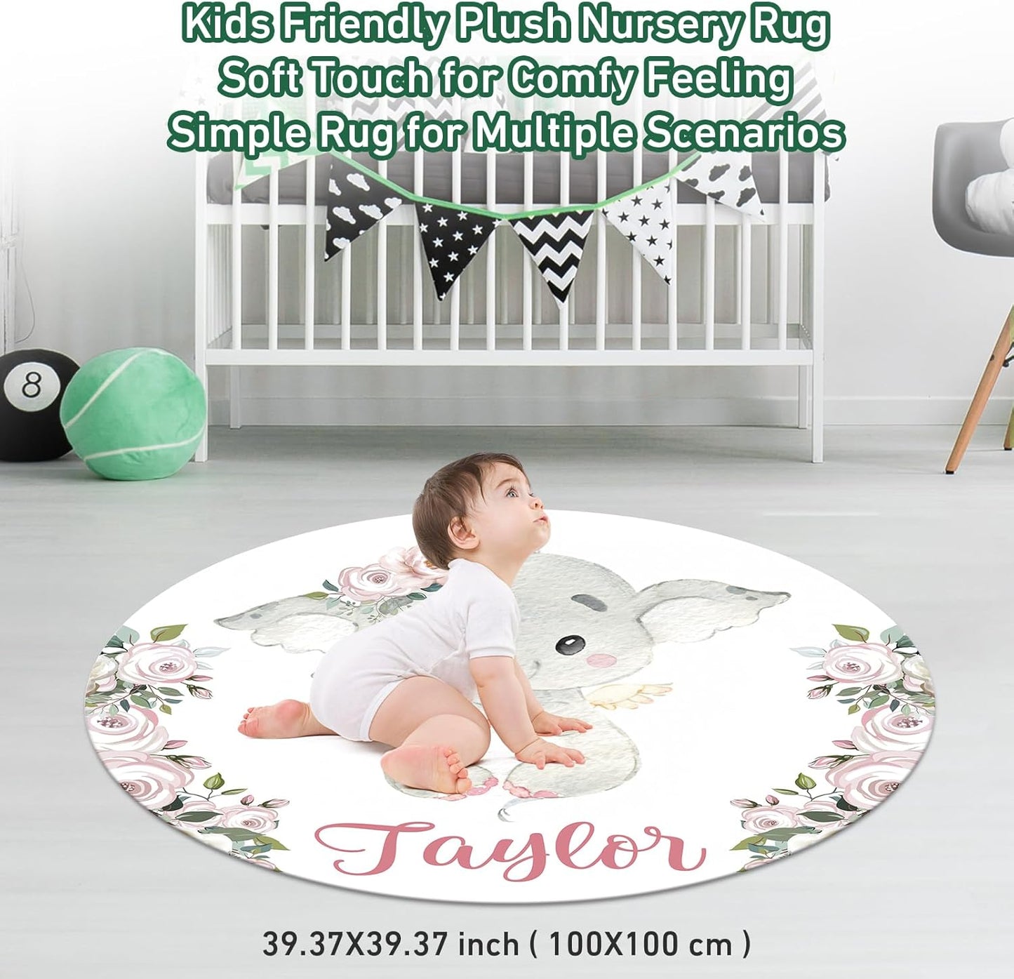 Personalized Baby Crib Bedding Set - Custom Name Lovely Elephant Design 3 Pcs Set - Soft Blanket with Double Layer Dotted Backing, Fitted Sheet, Room Rug for Newborns Boys Girls Shower Gift