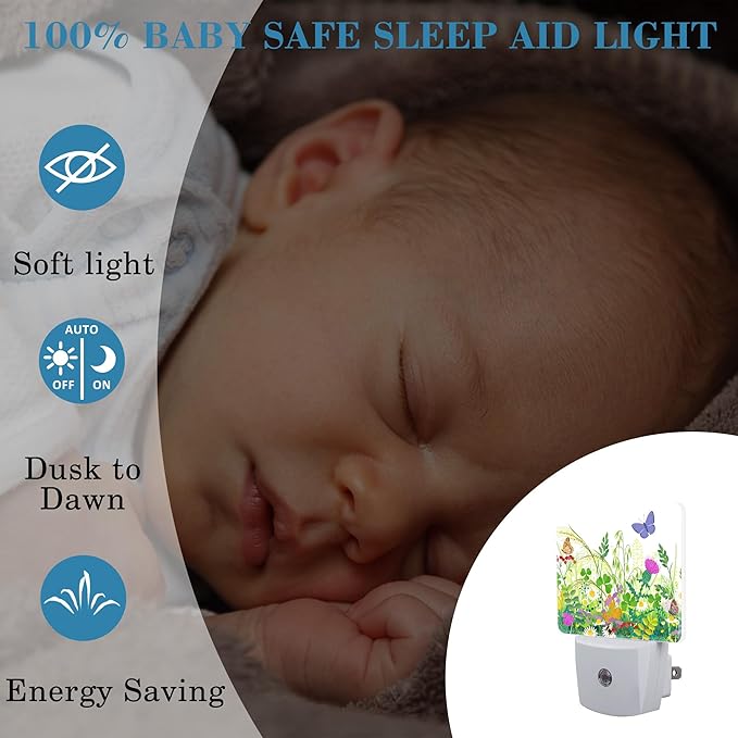 Summer Meadow Plants and Insects Night Light Plug into Wall with Dusk to Dawn Sensor Cute Nightlight for Kid Girls Boys Women Men Room Decor, Hallway, Kitchen, Bathroom, Nursery, Stairs
