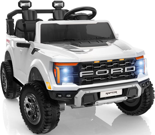 24V Kids Ride On Truck, Licensed Ford F-150 Raptor 2 Seater Electric Car w/Remote Control, Toddler Ride On Car Toys w/LED Lights, Bluetooth, Music, Truck Bed Storage, Soft Start (White)