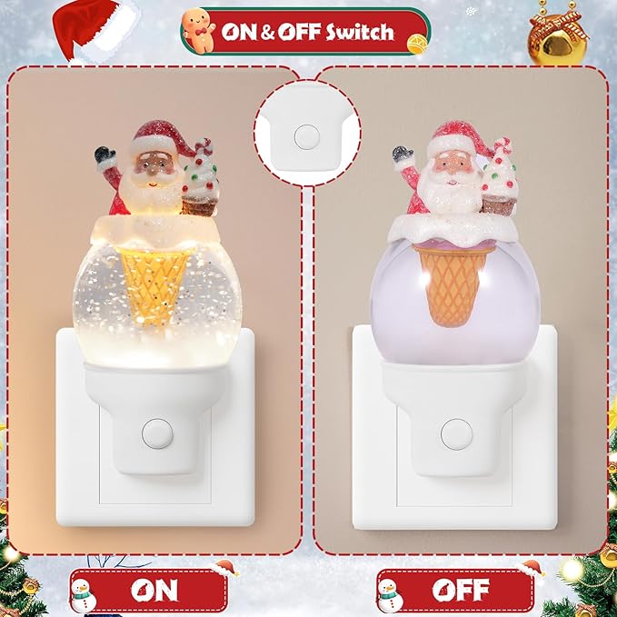 Christmas Santa Night Light Plug into Wall Glitter Water Nightlight with USB/Outlet Options, Christmas Decorative Nightlight for Bedroom Kitchen Nursery Holiday Decorations Gifts (Santa Ice Cream)