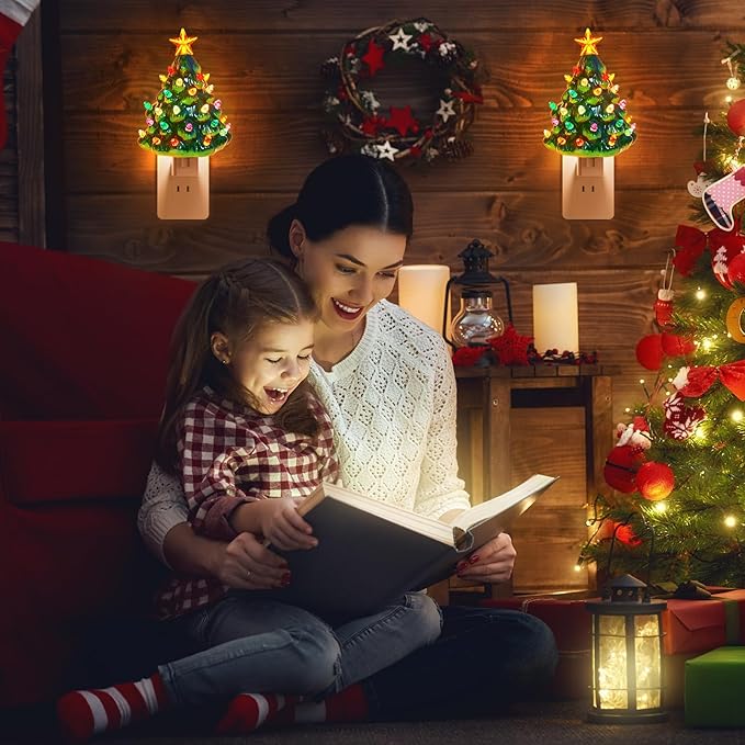 Brightown Ceramic Christmas Tree Night Light - 2 Pack Christmas Decorative Ceramic Tree with ON/Off Switch, Vintage Christmas Night Light for Bedroom Porch Holiday Decor