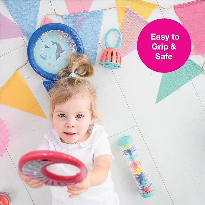 Edushape Classic Tambourine for Kids, Red - Percussion Musical Instrument Baby Tambourine for Toddlers 1-3, Kids Tambourine Fun Tummy Time, Fine Motor, Auditory and Visual Sensory Development