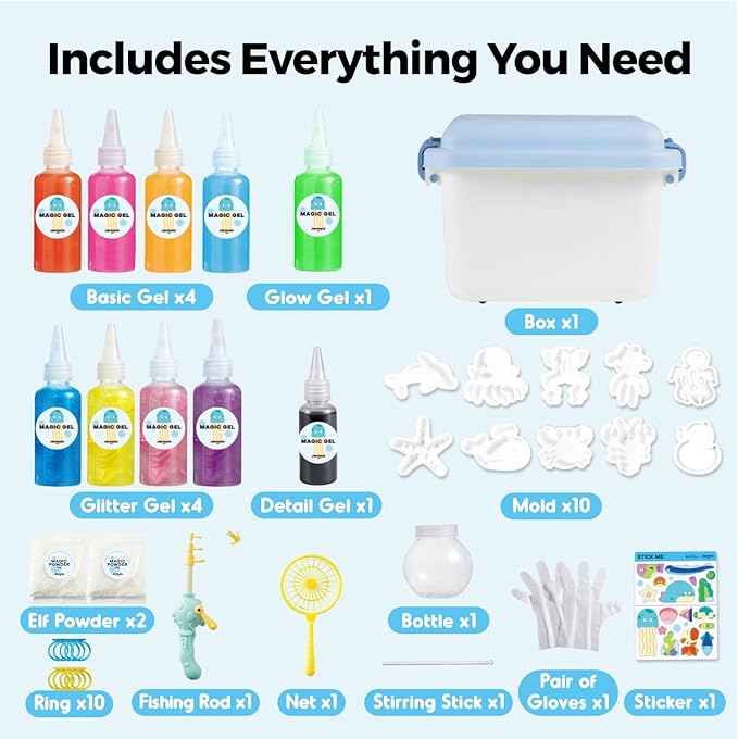 Jar Melo Magic Wonder Water Fishing Elf Toy Kit, 10 Colors & Molds, Aqua Fun Fairy Gel Kit for Kids, DIY Water Pets, Crafts for Kids Ages 4-8, Party Favors Gifts for Girls and Boys