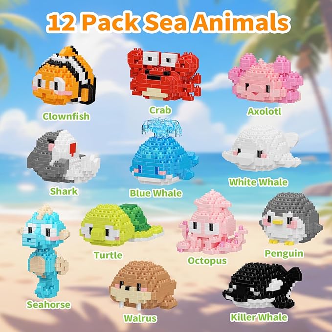 12 Pack Cute Ocean Sea Animal Mini Building Blocks Sets, 2642 PCS Micro Mini Building Bricks Toy for Adults, Party Favors for Kids Boys Girls 12-14