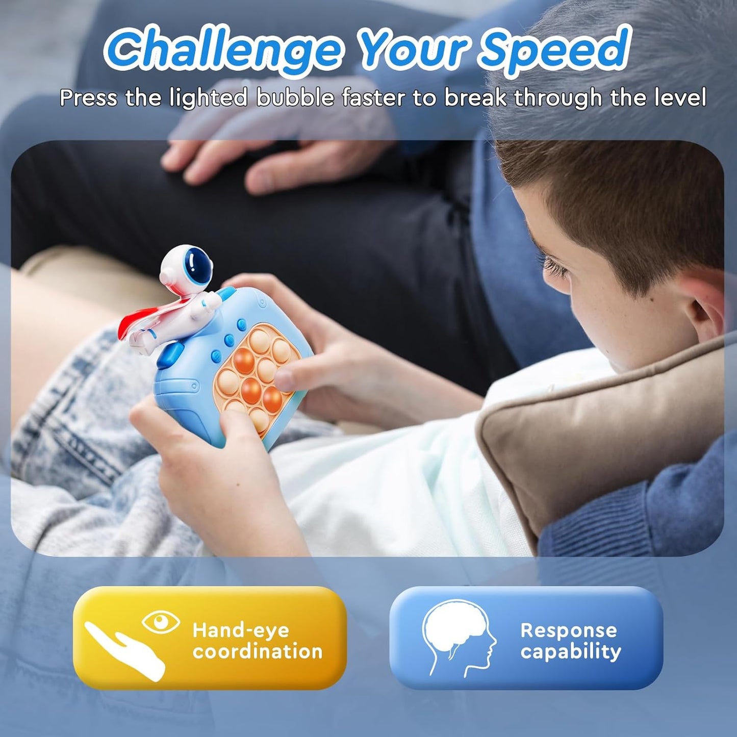 Fast Push Bubble Game, Handheld Fidget Toys, Stress Relief Interactive Game Console for Kids and Adults- Blue