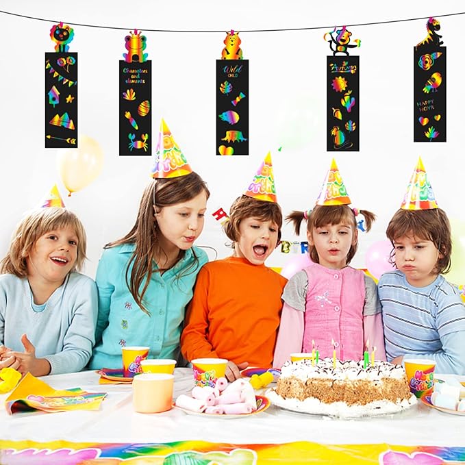 100 Sets Scratch Art Bookmark Making Kit for Kids, Scratch Paper DIY Animal Bookmarks Bulk with 100 Pcs Ribbons and 100 Pcs Wood Stylus for Classroom Activities Crafts Birthday Party Favors