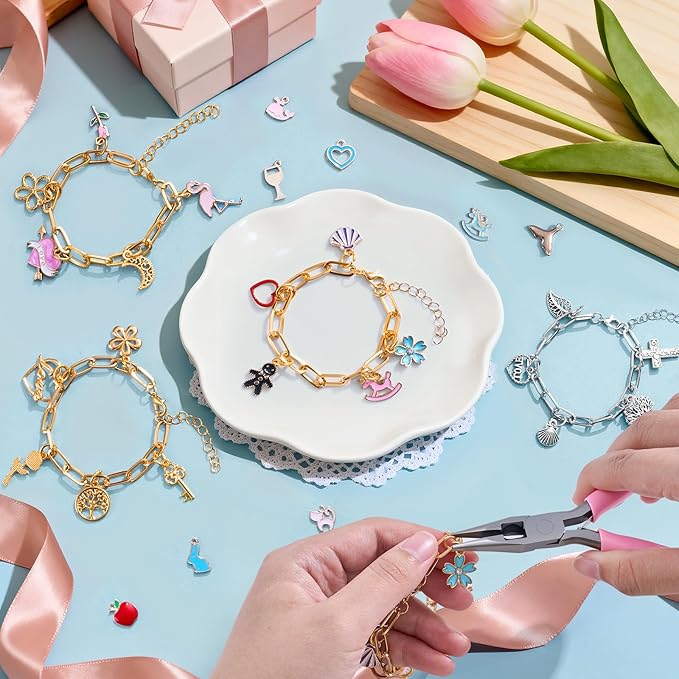 PYURTHITY 458 Pcs Gold Silver Charm Bracelet Making Kit DIY Jewelry Making Kit with Enamel Letter Charms Link Chain Bracelet Pendants and Jump Rings for Christmas Women Adults Art Craft Gift